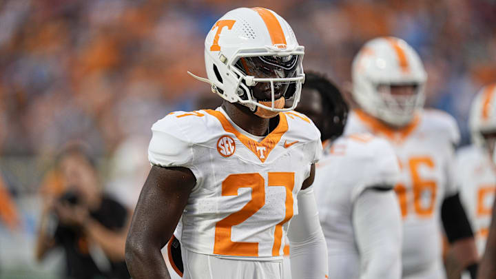 Sep 7, 2024; Charlotte, North Carolina, USA; Tennessee Volunteers defensive lineman James Pearce Jr. (27) during pregame activities against the North Carolina State Wolfpack at the Dukes Mayo Classic at Bank of America Stadium. Mandatory Credit: Jim Dedmon-Imagn Images Sep 7, 2024; Charlotte, North Carolina, USA; Tennessee Volunteers defensive lineman James Pearce Jr. (27) during pregame activities against the North Carolina State Wolfpack at the Dukes Mayo Classic at Bank of America Stadium. Mandatory Credit: Jim Dedmon-Imagn Images