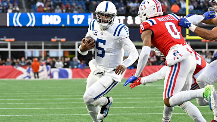 Dec 1, 2024; Foxborough, Massachusetts, USA; Indianapolis Colts quarterback Anthony Richardson (5) runs the ball against the New England Patriots during the second half at Gillette Stadium. Mandatory Credit: Eric Canha-Imagn Images