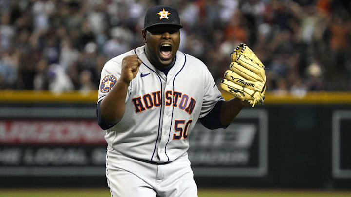 Sep 29, 2023; Phoenix, Arizona, USA; Houston Astros relief pitcher Hector Neris (50) reacts after Sep 29, 2023; Phoenix, Arizona, USA; Houston Astros relief pitcher Hector Neris (50) reacts after