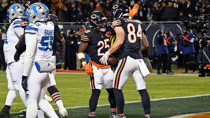 Chicago Bears tight end Colston Loveland (84) celebrates with running back Kyle Monangai (25) after scoring a touchdown against the Detroit Lions during the second half at Soldier Field. Mandatory Credit: Matt Marton-Imagn Images