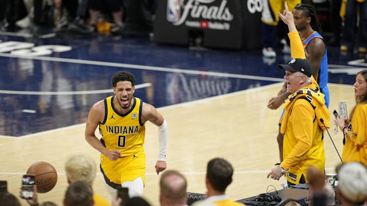 Jun 11, 2025; Indianapolis, Indiana, USA; Indiana Pacers guard Tyrese Haliburton (0) reacts after a play against the Oklahoma City Thunder during the second half during game three of the 2025 NBA Finals at Gainbridge Fieldhouse. Mandatory Credit: Kyle Terada-Imagn Images Jun 11, 2025; Indianapolis, Indiana, USA; Indiana Pacers guard Tyrese Haliburton (0) reacts after a play against the Oklahoma City Thunder during the second half during game three of the 2025 NBA Finals at Gainbridge Fieldhouse. Mandatory Credit: Kyle Terada-Imagn Images
