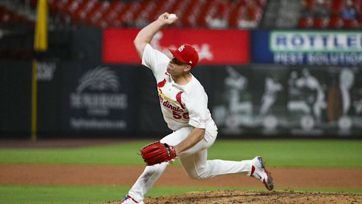 Jul 8, 2025; St. Louis, Missouri, USA;  St. Louis Cardinals relief pitcher Ryan Helsley (56) pitches against the Washington Nationals during the ninth inning at Busch Stadium. Mandatory Credit: Jeff Curry-Imagn Images
