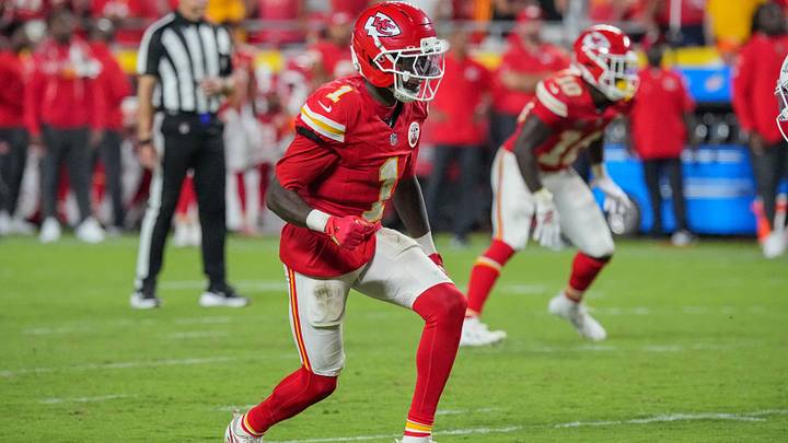 Sep 14, 2026; Kansas City, Missouri, USA; Kansas City Chiefs wide receiver Xavier Worthy (1) at the line of scrimmage against the Denver Broncos during the game at GEHA Field at Arrowhead Stadium. Mandatory Credit: Denny Medley-Imagn Images Sep 14, 2026; Kansas City, Missouri, USA; Kansas City Chiefs wide receiver Xavier Worthy (1) at the line of scrimmage against the Denver Broncos during the game at GEHA Field at Arrowhead Stadium. Mandatory Credit: Denny Medley-Imagn Images