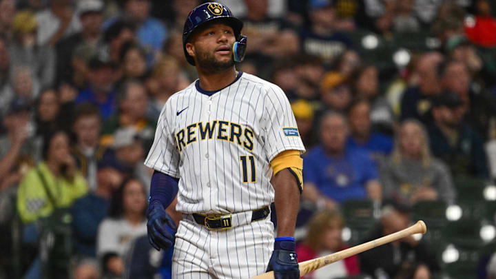 Jun 1, 2024; Milwaukee, Wisconsin, USA; Milwaukee Brewers right fielder Jackson Chourio (11) reacts after striking out against the Chicago White Sox in the second inning at American Family Field. Mandatory Credit: Benny Sieu-USA TODAY Sports