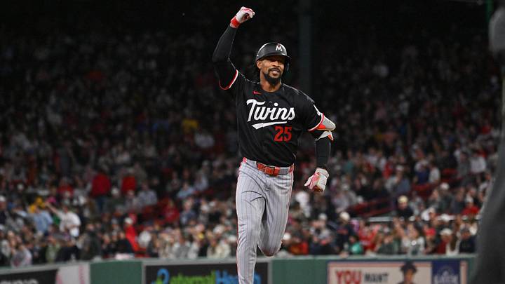 May 22, 2026; Boston, Massachusetts, USA; Minnesota Twins designated hitter Byron Buxton (25) celebrates his a two run home run against the Boston Red Sox during the seventh inning at Fenway Park. Mandatory Credit: Eric Canha-Imagn Images