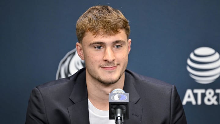 Dallas Mavericks first overall pick Cooper Flagg speaks to the media during a press conference at the Dallas Mavericks Practice Facility. Mandatory Credit: Jerome Miron-Imagn Images
