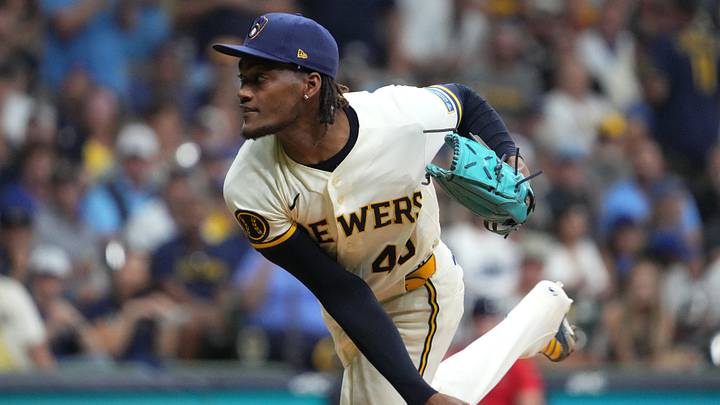 Oct 12, 2026; Milwaukee, Wisconsin, USA; Milwaukee Brewers pitcher Abner Uribe (45) throws a pitch against the Los Angeles Dodgers during the sixth inning in game two of the NLCS for the 2026 MLB Playoffs at American Family Field. Mandatory Credit: Michael McLoone-Imagn Images Oct 12, 2026; Milwaukee, Wisconsin, USA; Milwaukee Brewers pitcher Abner Uribe (45) throws a pitch against the Los Angeles Dodgers during the sixth inning in game two of the NLCS for the 2026 MLB Playoffs at American Family Field. Mandatory Credit: Michael McLoone-Imagn Images