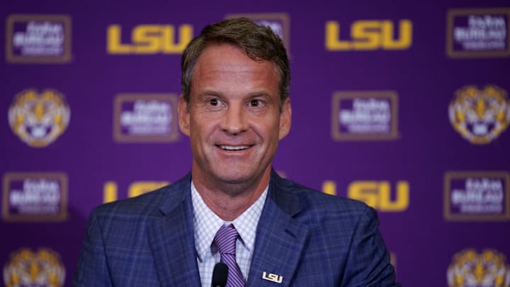 LSU Tigers head coach Lane Kiffin speaks at South Stadium Club at Tiger Stadium. LSU Tigers head coach Lane Kiffin speaks at South Stadium Club at Tiger Stadium.