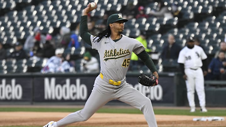 Apr 16, 2025; Chicago, Illinois, USA; Athletics pitcher Osvaldo Bido (45) delivers during the first inning against the Chicago White Sox at Rate Field. Mandatory Credit: Matt Marton-Imagn Images Apr 16, 2025; Chicago, Illinois, USA; Athletics pitcher Osvaldo Bido (45) delivers during the first inning against the Chicago White Sox at Rate Field. Mandatory Credit: Matt Marton-Imagn Images