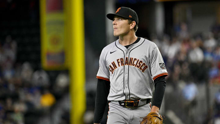 Jun 8, 2024; Arlington, Texas, USA; San Francisco Giants starting pitcher Spencer Howard (56) comes off the field during the second d inning against the Texas Rangers at Globe Life Field. Jun 8, 2024; Arlington, Texas, USA; San Francisco Giants starting pitcher Spencer Howard (56) comes off the field during the second d inning against the Texas Rangers at Globe Life Field.