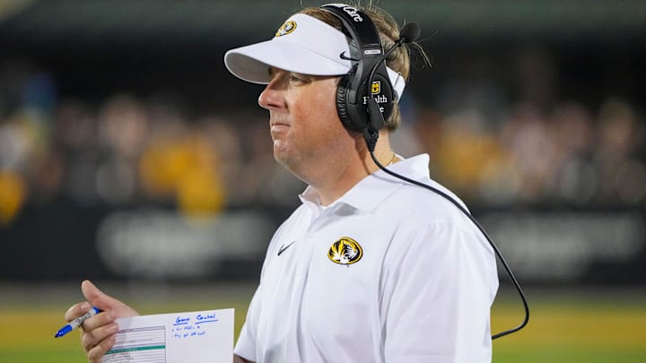 Aug 29, 2024; Columbia, Missouri, USA; Missouri Tigers head coach Eli Drinkwitz on field against the Murray State Racers during the game at Faurot Field at Memorial Stadium. Mandatory Credit: Denny Medley-Imagn Images