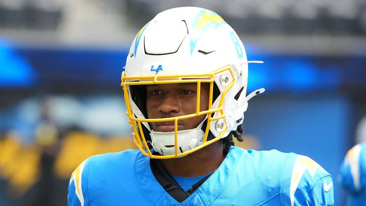 Aug 10, 2025; Inglewood, California, USA; Los Angeles Chargers running back Omarion Hampton (8) reacts before the game against the New Orleans Saints at SoFi Stadium. Mandatory Credit: Kirby Lee-Imagn Images