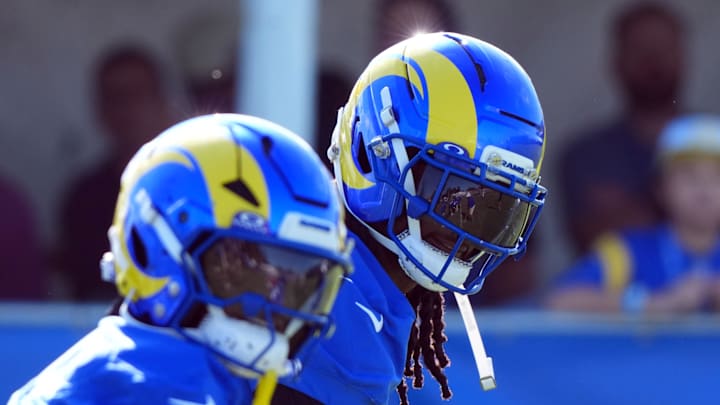Jul 23, 2025; Los Angeles, CA, USA; Los Angeles Rams receiver Davante Adams (17) during training camp at Loyola Marymount University. Mandatory Credit: Kirby Lee-Imagn Images
