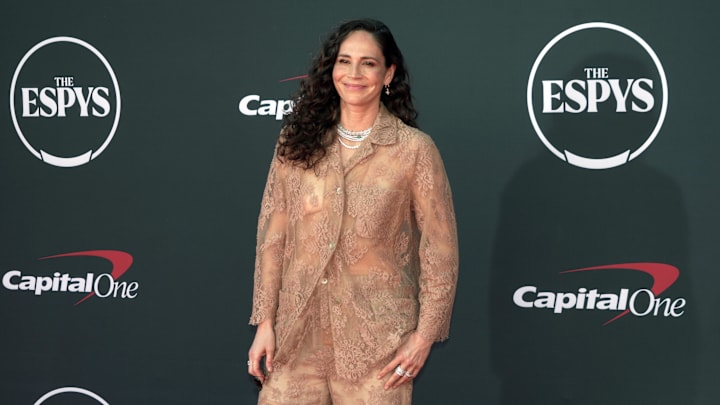 Jul 12, 2023; Los Angeles, CA, USA; Former WNBA player Sue Bird arrives on the red carpet before the 2023 ESPYS at the Dolby Theatre. Mandatory Credit: Kirby Lee-Imagn Images