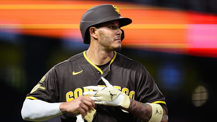Apr 17, 2026; Anaheim, California, USA; San Diego Padres third baseman Manny Machado (13) looks on after being called out following an ABS challenge during the fourth inning against the Los Angeles Angels at Angel Stadium. Mandatory Credit: William Liang-Imagn Images