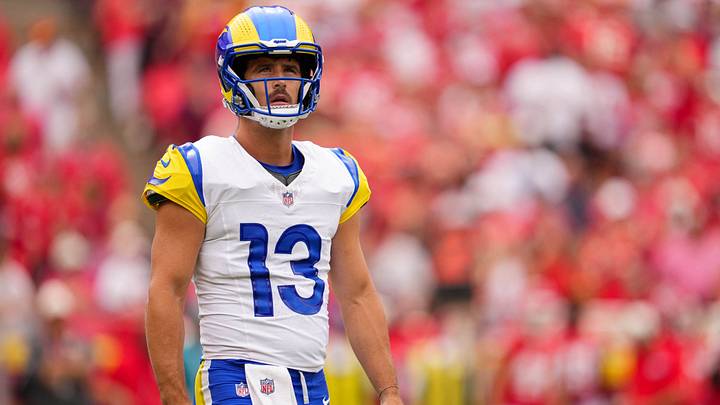 Aug 15, 2026; Kansas City, Missouri, USA; Los Angeles Rams quarterback Stetson Bennett IV (13) reacts during the first half against the Kansas City Chiefs at at Arrowhead Stadium. Mandatory Credit: Jay Biggerstaff-Imagn Images