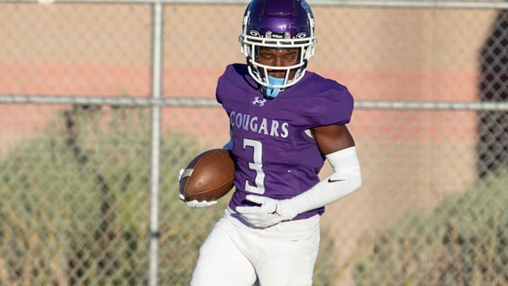 Spanish Springs DJ Harrell (3) steps out of bounds on the two yard line on the opening kickoff in the first half against Simi Valley in a football game played on Friday night, August 16, 2024 at Spanish Springs High School in Sparks, Nevada.