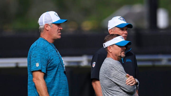 Jacksonville Jaguars head coach Doug Pederson, left clockwise, Manager Trent Baalke and Jeff Ferguson, Vice President of player health and performance, look on during the third day of an NFL football training camp practice Friday, July 26, 2024 at EverBank Stadium’s Miller Electric Center in Jacksonville, Fla.