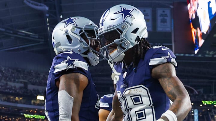Dec 30, 2023; Arlington, Texas, USA; Dallas Cowboys wide receiver Brandin Cooks (3) celebrates with Dallas Cowboys wide receiver CeeDee Lamb (88) after making a touchdown  catch during the second half against the Detroit Lions at AT&T Stadium. Mandatory Credit: Kevin Jairaj-USA TODAY Sports
