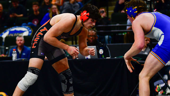 St. Cloud Crush senior Sutton Kenning competes in the Class 3A 189-pound title match at the Minnesota state wrestling tournament March 1, 2025 at the Xcel Energy Center in St. Paul. After a back-and-forth match, Kenning lost 13-11.