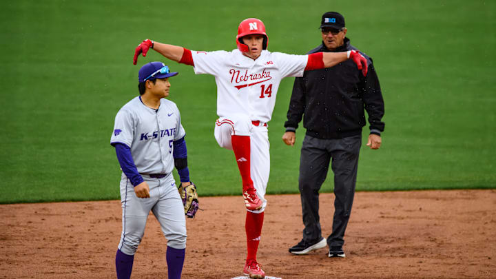 Case Sanderson celebrates a double in the third inning against Kansas State.