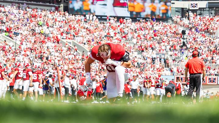 Alabama Defensive Back Bray Hubbard prays before the game against ECU on Sept 5, 2026. Alabama Defensive Back Bray Hubbard prays before the game against ECU on Sept 5, 2026.