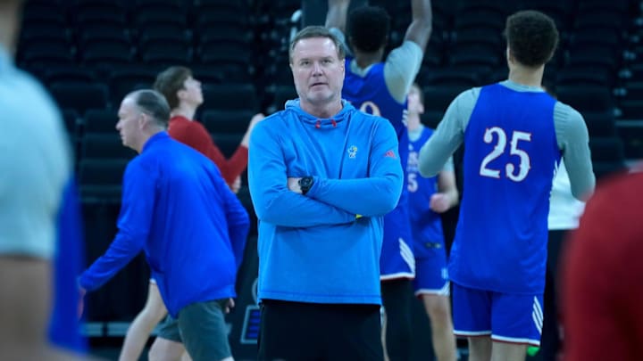 Kansas Jayhawks head coach Bill Self watches his team during their Wednesday practice at the AMP. Kansas Jayhawks head coach Bill Self watches his team during their Wednesday practice at the AMP.