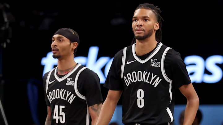 Mar 28, 2025; Brooklyn, New York, USA; Brooklyn Nets forward Ziaire Williams (8) and guard Keon Johnson (45) during the first quarter against the Los Angeles Clippers at Barclays Center. Mandatory Credit: Brad Penner-Imagn Images Mar 28, 2025; Brooklyn, New York, USA; Brooklyn Nets forward Ziaire Williams (8) and guard Keon Johnson (45) during the first quarter against the Los Angeles Clippers at Barclays Center. Mandatory Credit: Brad Penner-Imagn Images