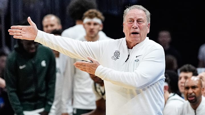 Michigan State head coach Tom Izzo reacts to a play against Bryant during the first half of the First Round of NCAA Tournament at Rocket Arena in Cleveland, Ohio on Friday, March 21, 2025.