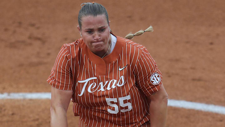 May 9, 2025; Athens, GA, USA; Texas starting pitcher/relief pitcher Mac Morgan (55) pitches during a game against Texas A&M at Jack Turner Stadium. Mandatory Credit: Mady Mertens-Imagn Images