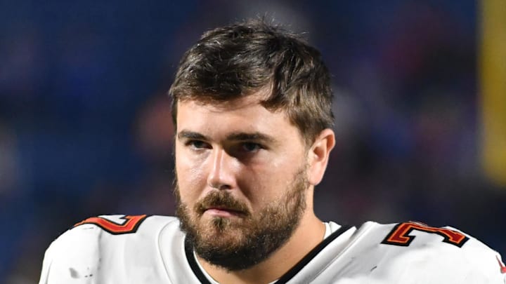 Tampa Bay Buccaneers offensive tackle Justin Skule (77) on the sidelines during a game against the Buffalo Bills Tampa Bay Buccaneers offensive tackle Justin Skule (77) on the sidelines during a game against the Buffalo Bills