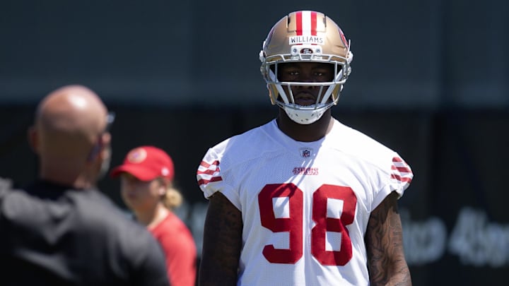 May 9, 2025; Santa Clara, CA, USA; San Francisco 49ers defensive lineman Mikel Williams (98) works out during the teamís rookie minicamp. Mandatory Credit: D. Ross Cameron-Imagn Images