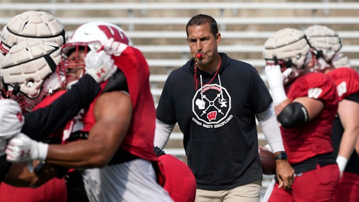 Wisconsin Badgers head coach Luke Fickell watches a drill during fall training camp at Camp Randall Stadium. 