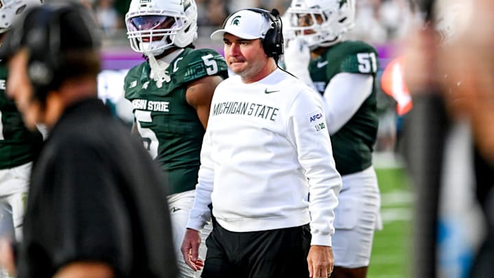 Michigan State's head coach Jonathan Smith look on against Western Michigan during the second quarter on Friday, Aug. 29, 2025, in East Lansing.