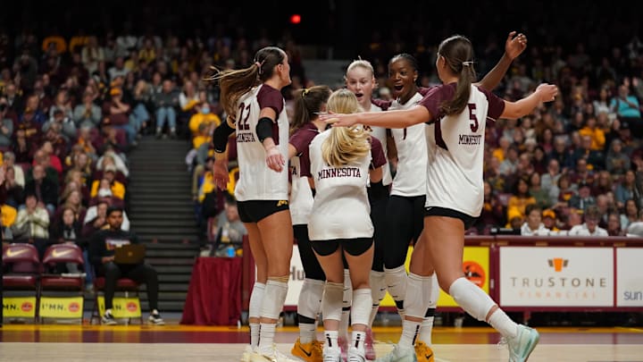 The Gophers volleyball team celebrates scoring a point against Iowa on Saturday, Nov. 23, 2024, at Maturi Pavilion in Minneapolis. 