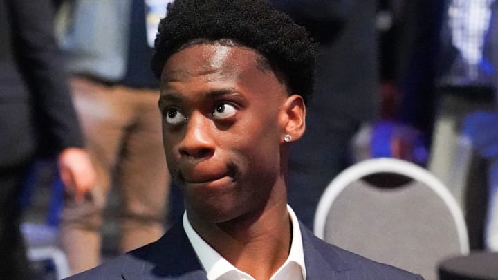 May 10, 2026; Chicago, IL, USA; BYU AJ Dybantsa sits during the 2026 NBA Draft Lottery at Navy Pier. Mandatory Credit: David Banks-Imagn Images