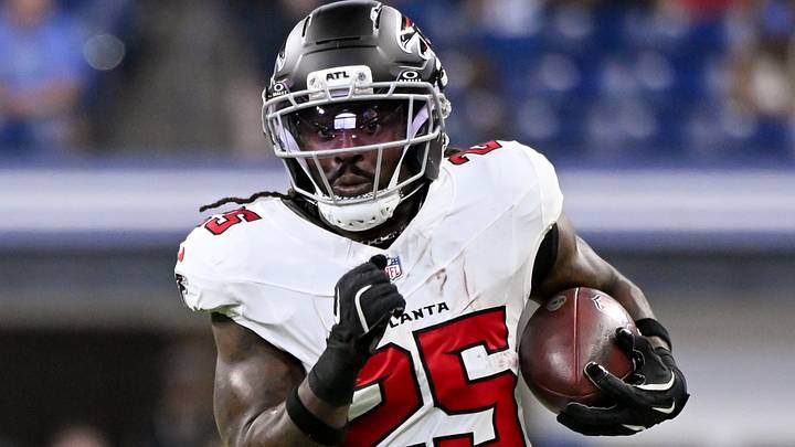 Aug 22, 2026; Indianapolis, Indiana, USA; Atlanta Falcons running back Tyler Goodson (25) runs for a touchdown against the Indianapolis Colts during the first half at Lucas Oil Stadium. Mandatory Credit: Robert Goddin-Imagn Images