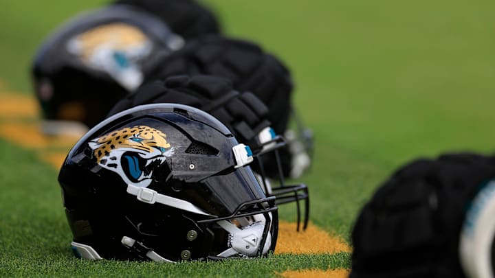 The helmet of Jacksonville Jaguars linebacker Josh Hines-Allen (41) sits at the back of the end zone during the third day of an NFL football training camp practice Friday, July 26, 2024 at EverBank Stadium’s Miller Electric Center in Jacksonville, Fla. The helmet of Jacksonville Jaguars linebacker Josh Hines-Allen (41) sits at the back of the end zone during the third day of an NFL football training camp practice Friday, July 26, 2024 at EverBank Stadium’s Miller Electric Center in Jacksonville, Fla.
