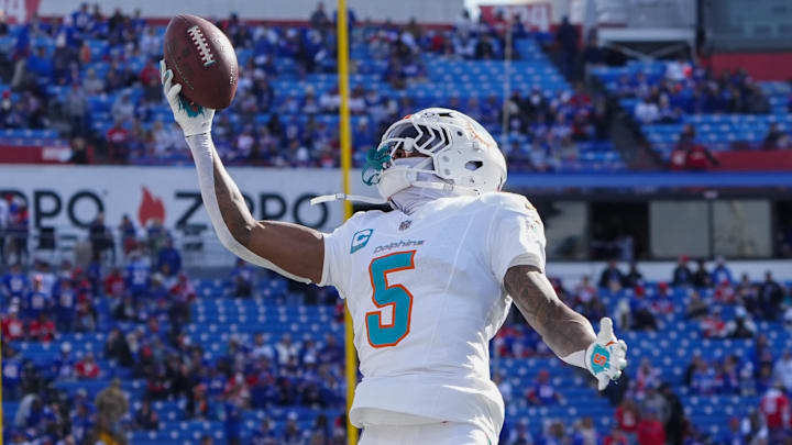 Nov 3, 2024; Orchard Park, New York, USA; Miami Dolphins cornerback Jalen Ramsey (5) warms up prior to the game at Highmark Stadium. Mandatory Credit: Gregory Fisher-Imagn Images