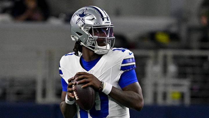 Aug 28, 2026; Arlington, Texas, USA; Dallas Cowboys quarterback Joe Milton III (10) looks to throw the ball during the game between the Cowboys and the Saints at AT&T Stadium. Mandatory Credit: Jerome Miron-Imagn Images