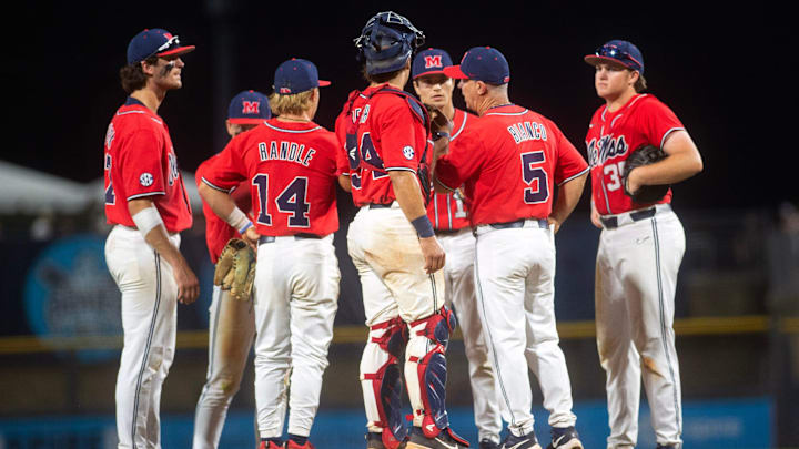 Ole Miss baseball coach Mike Bianco heads to the mound to change pitchers again after Mississippi State scored four runs in the eighth inning at Trustmark Perk in Pearl, Miss., Wednesday, May 1, 2024. Ole Miss baseball coach Mike Bianco heads to the mound to change pitchers again after Mississippi State scored four runs in the eighth inning at Trustmark Perk in Pearl, Miss., Wednesday, May 1, 2024.