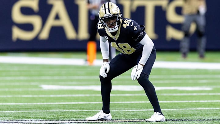 Jan 7, 2024; New Orleans, Louisiana, USA;  New Orleans Saints safety J.T. Gray (48) looks on against the Atlanta Falcons during the first half at Caesars Superdome. Mandatory Credit: Stephen Lew-Imagn Images