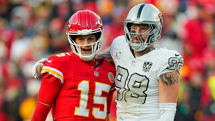 Nov 29, 2024; Kansas City, Missouri, USA; Kansas City Chiefs quarterback Patrick Mahomes (15) and Las Vegas Raiders defensive end Maxx Crosby (98) embrace during the second half at GEHA Field at Arrowhead Stadium. Mandatory Credit: Jay Biggerstaff-Imagn Images Nov 29, 2024; Kansas City, Missouri, USA; Kansas City Chiefs quarterback Patrick Mahomes (15) and Las Vegas Raiders defensive end Maxx Crosby (98) embrace during the second half at GEHA Field at Arrowhead Stadium. Mandatory Credit: Jay Biggerstaff-Imagn Images