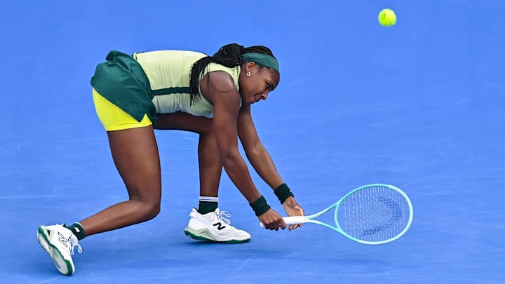 Coco Gauff of the United States competes in her round of 32 match against Marta Kostyuk of Ukraine during the WTA Qatar TotalEnergies Open 2025 tennis tournament at the Khalifa International Tennis Complex in Doha, Qatar, on February 11, 2025. 