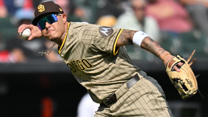 Sep 21, 2025; Chicago, Illinois, USA; San Diego Padres third baseman Manny Machado (13) throws to first base to force out Chicago White Sox second baseman Chase Meidroth (not pictured) during the fifth inning at Rate Field. Mandatory Credit: Patrick Gorski-Imagn Images Sep 21, 2025; Chicago, Illinois, USA; San Diego Padres third baseman Manny Machado (13) throws to first base to force out Chicago White Sox second baseman Chase Meidroth (not pictured) during the fifth inning at Rate Field. Mandatory Credit: Patrick Gorski-Imagn Images
