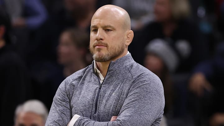 Penn State Nittany Lions head coach Cael Sanderson watches his team wrestle the Iowa Hawkeyes at Carver-Hawkeye Arena. Penn State Nittany Lions head coach Cael Sanderson watches his team wrestle the Iowa Hawkeyes at Carver-Hawkeye Arena.