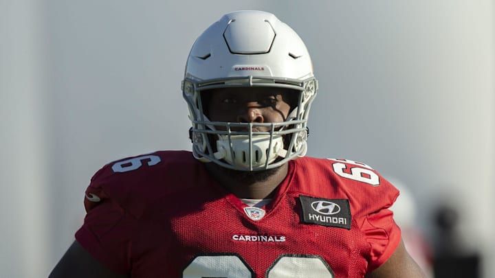 Cardinals offensive lineman Joshua Miles during a practice at the Cardinals training facility in Tempe on September 22, 2021. 