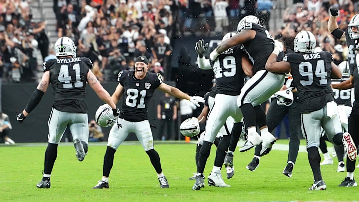 Sep 29, 2024; Paradise, Nevada, USA; The Las Vegas Raiders celebrate after stopping the Cleveland Browns on fourth down in the the fourth quarter at Allegiant Stadium. Mandatory Credit: Stephen R. Sylvanie-Imagn Images Sep 29, 2024; Paradise, Nevada, USA; The Las Vegas Raiders celebrate after stopping the Cleveland Browns on fourth down in the the fourth quarter at Allegiant Stadium. Mandatory Credit: Stephen R. Sylvanie-Imagn Images
