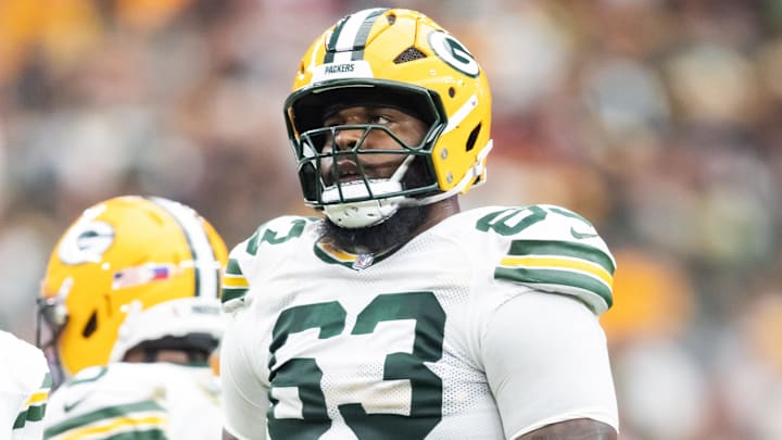Oct 19, 2025; Glendale, Arizona, USA; Green Bay Packers tackle Rasheed Walker (63) against the Arizona Cardinals at State Farm Stadium. Mandatory Credit: Mark J. Rebilas-Imagn Images