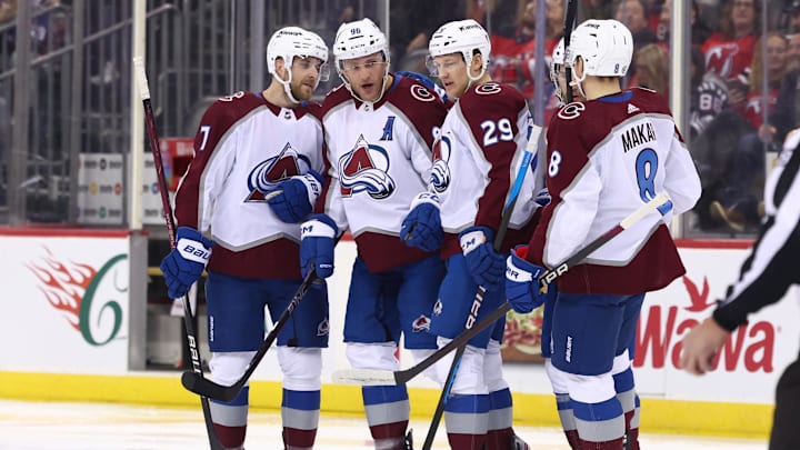 Feb 6, 2024; Newark, New Jersey, USA; Colorado Avalanche right wing Mikko Rantanen (96) celebrates